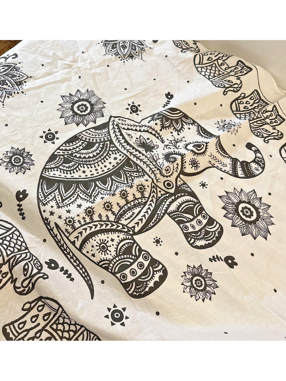 Glamorous Elephants Fabric Wall Hanging 31x44” Made In India 100% Cotton Blk &Wh